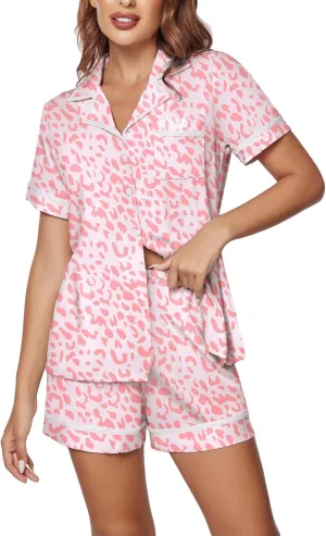 Ekouaer Women's Pajama Sets 2 Piece Short Sleeve Button Down Tops and Pants Pj Set V Neck Sleepwear Loungewear Chest Pocket
