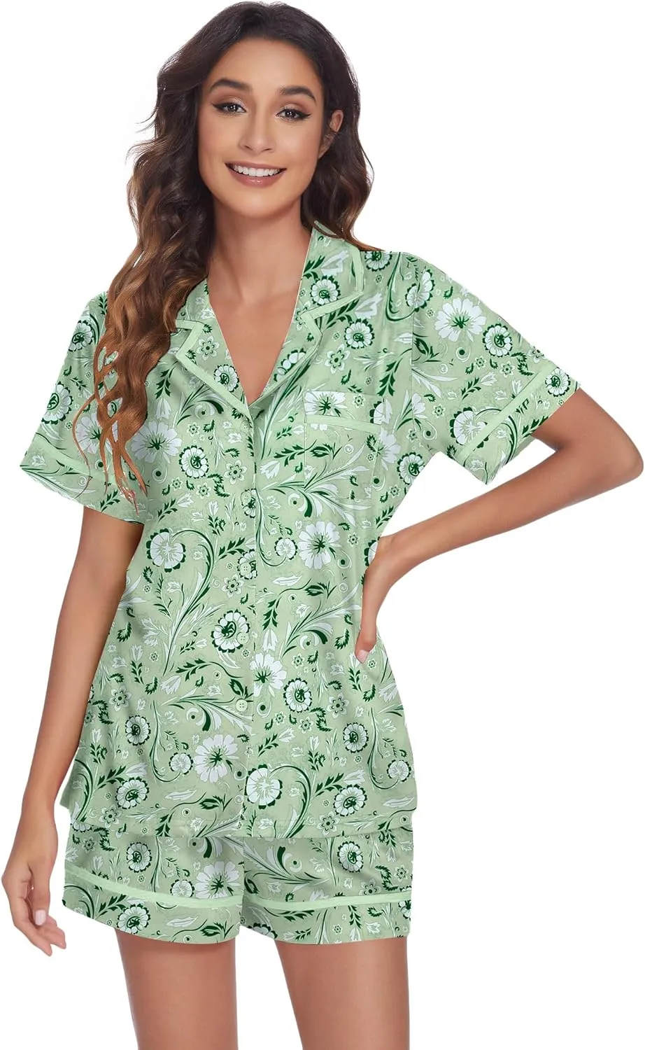 Ekouaer Women's Pajama Sets 2 Piece Short Sleeve Button Down Tops and Pants Pj Set V Neck Sleepwear Loungewear Chest Pocket