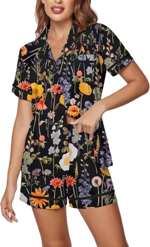Ekouaer Women's Pajama Sets 2 Piece Short Sleeve Button Down Tops and Pants Pj Set V Neck Sleepwear Loungewear Chest Pocket