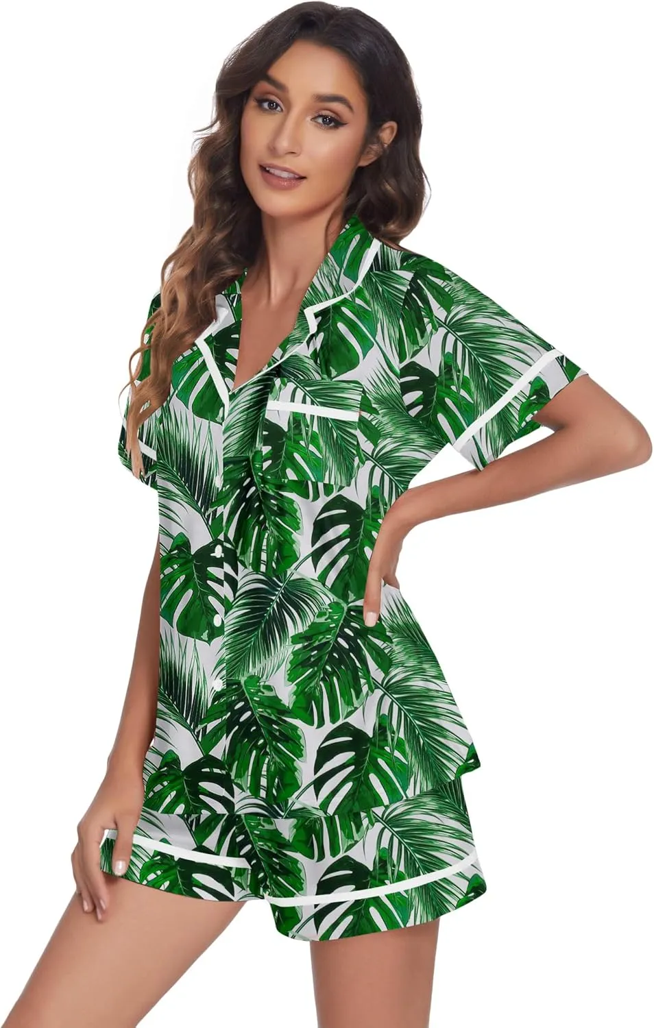 Ekouaer Women's Pajama Sets 2 Piece Short Sleeve Button Down Tops and Pants Pj Set V Neck Sleepwear Loungewear Chest Pocket