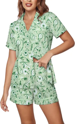 Ekouaer Women's Pajama Sets 2 Piece Short Sleeve Button Down Tops and Pants Pj Set V Neck Sleepwear Loungewear Chest Pocket