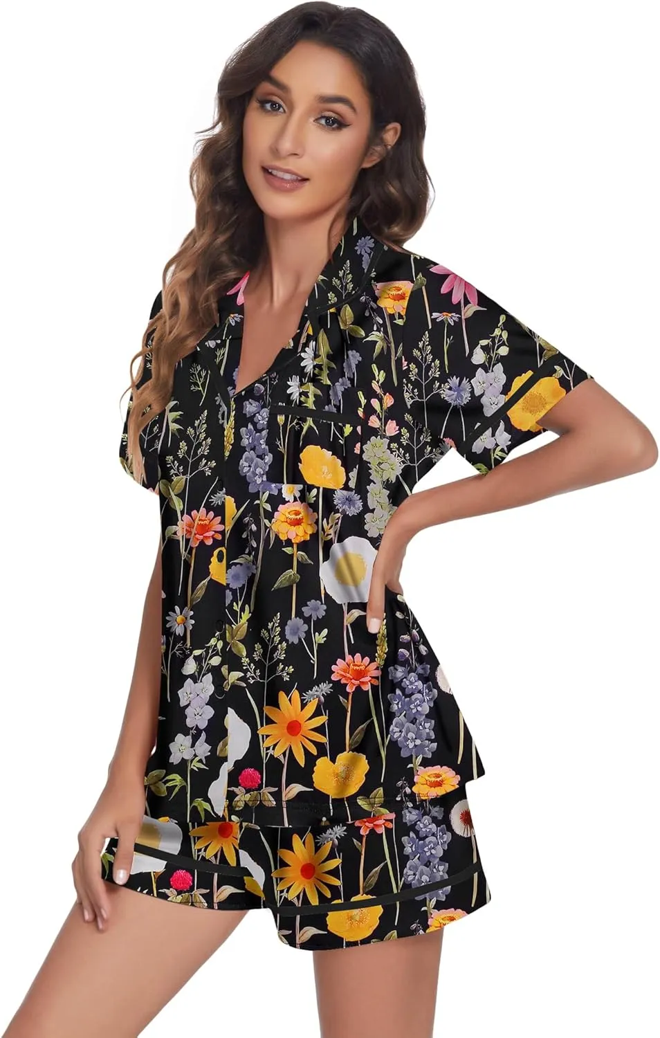 Ekouaer Women's Pajama Sets 2 Piece Short Sleeve Button Down Tops and Pants Pj Set V Neck Sleepwear Loungewear Chest Pocket