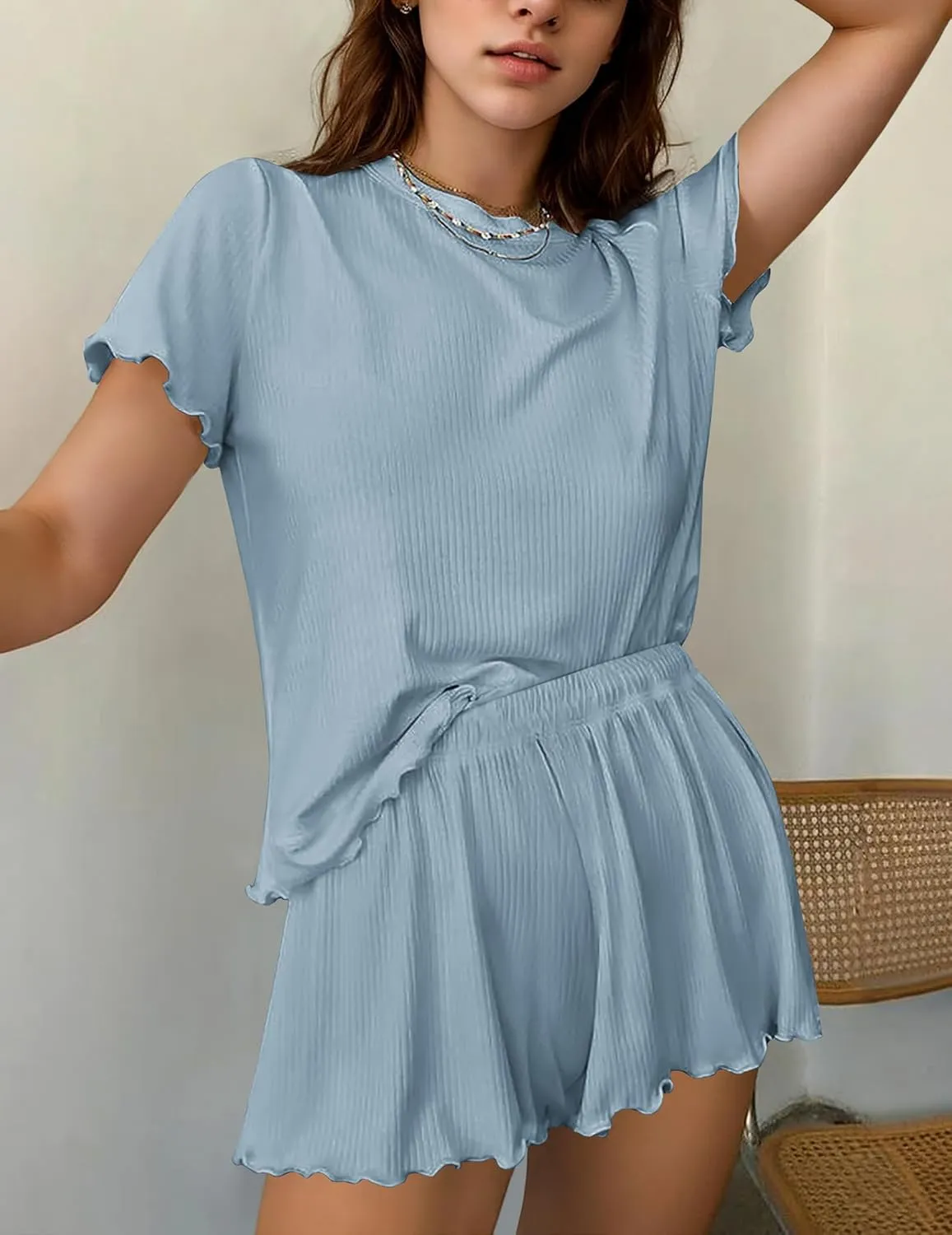 Ekouaer Womens Pajamas 2 Piece Ribbed Knit Pjs Colorful Pattern Sleep Set Short Sleeve Pajamas Set Casual Lounge Sets