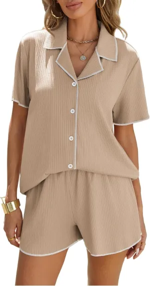 Ekouaer Women's Ribbed Button Down Pajamas Sets 2 Piece Short Sleeve Shorts Pjs Knit Lounge Sets