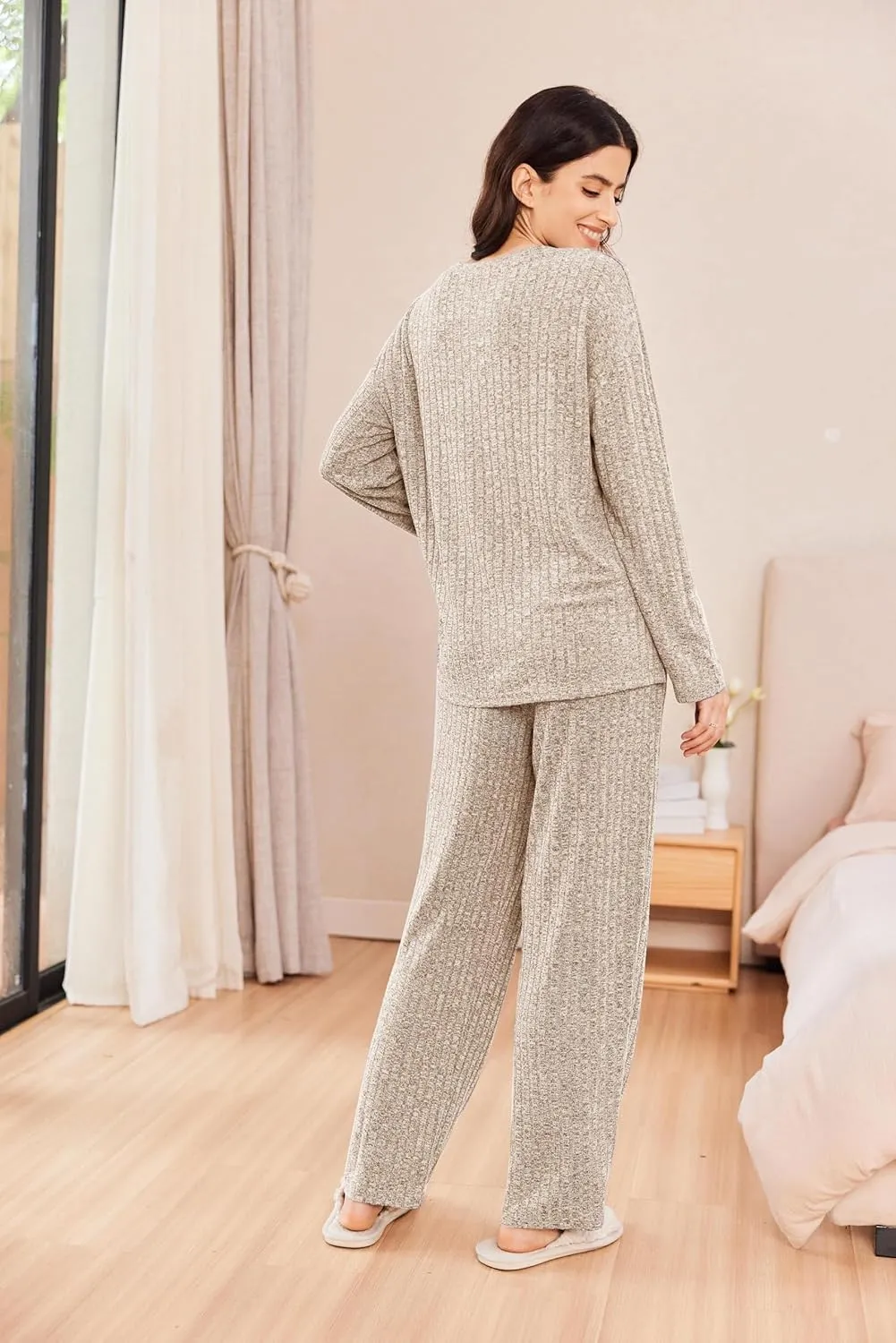 Ekouaer Womens Ribbed Knit Lounge Set Long Sleeve Henley Neck Top and Long Pants Two Piece Soft Sleepwear with Pockets