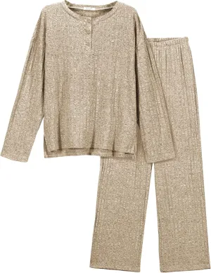 Ekouaer Womens Ribbed Knit Lounge Set Long Sleeve Henley Neck Top and Long Pants Two Piece Soft Sleepwear with Pockets