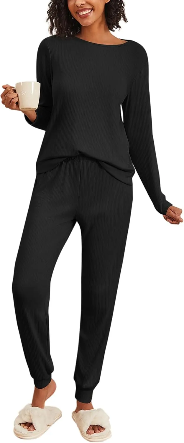 Ekouaer Womens Ribbed Knit Pajama Sets 2 Piece Jogger Pjs Long Sleeve Sleepwear Round Neck Soft Lounge Sets with Pockets