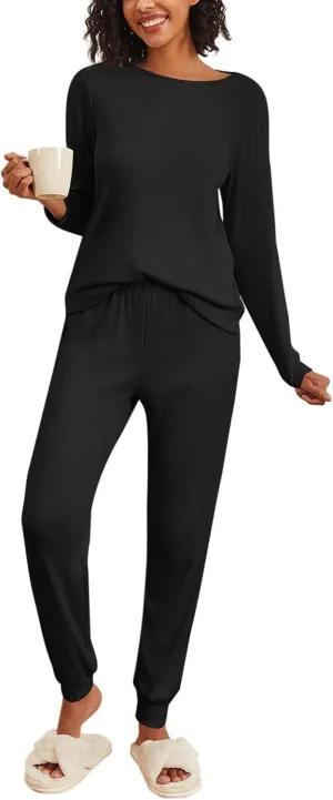 Ekouaer Womens Ribbed Knit Pajama Sets 2 Piece Jogger Pjs Long Sleeve Sleepwear Round Neck Soft Lounge Sets with Pockets