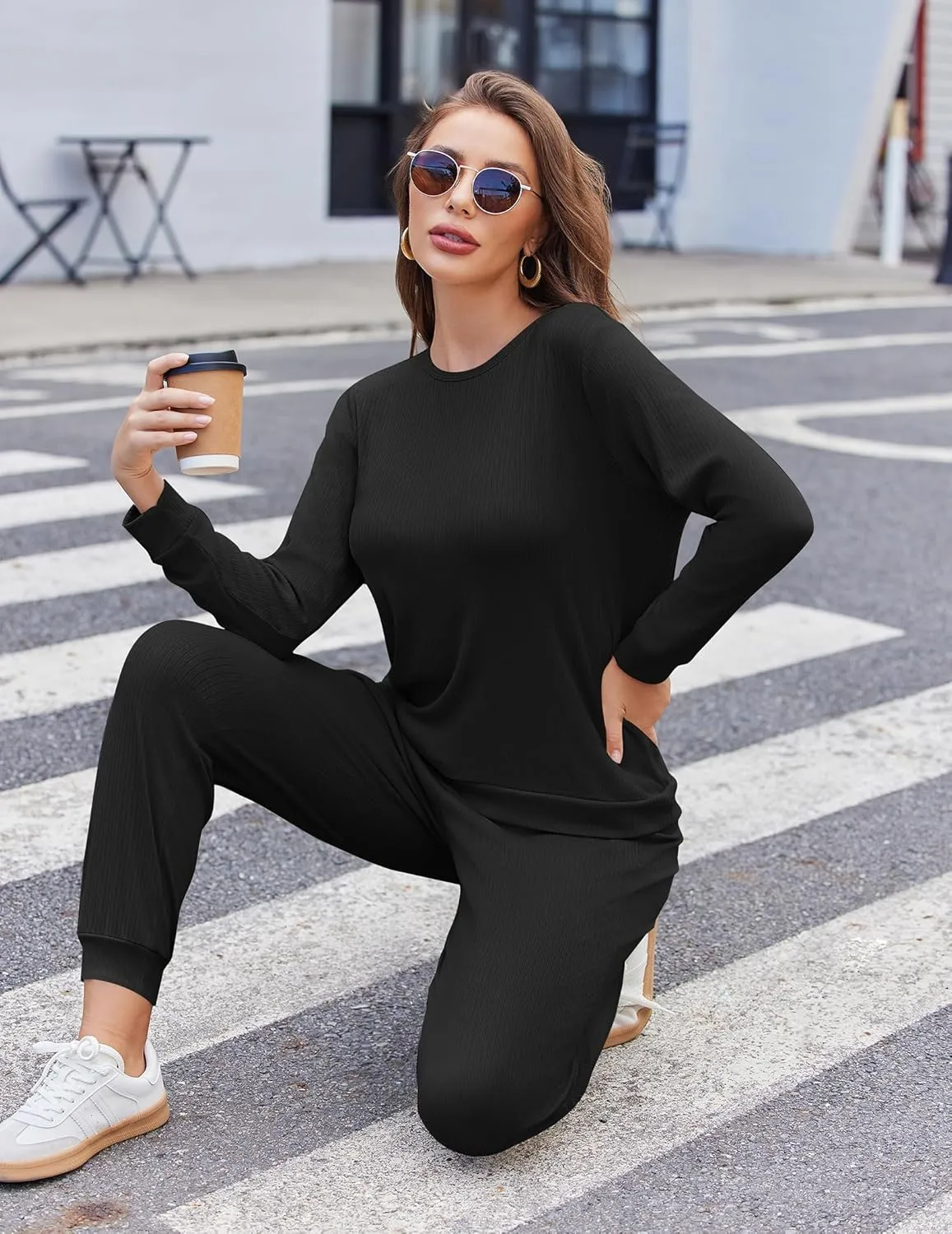 Ekouaer Womens Ribbed Knit Pajama Sets 2 Piece Jogger Pjs Long Sleeve Sleepwear Round Neck Soft Lounge Sets with Pockets