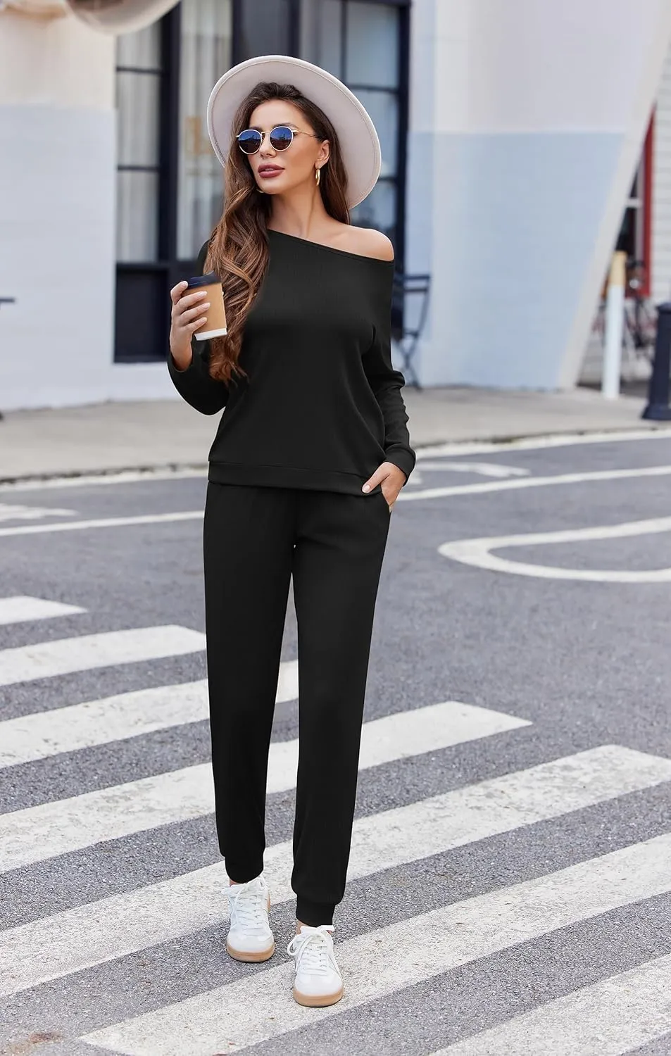 Ekouaer Womens Ribbed Knit Pajama Sets 2 Piece Jogger Pjs Long Sleeve Sleepwear Round Neck Soft Lounge Sets with Pockets