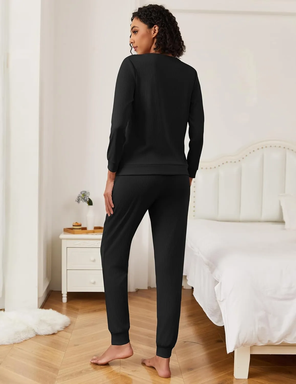 Ekouaer Womens Ribbed Knit Pajama Sets 2 Piece Jogger Pjs Long Sleeve Sleepwear Round Neck Soft Lounge Sets with Pockets