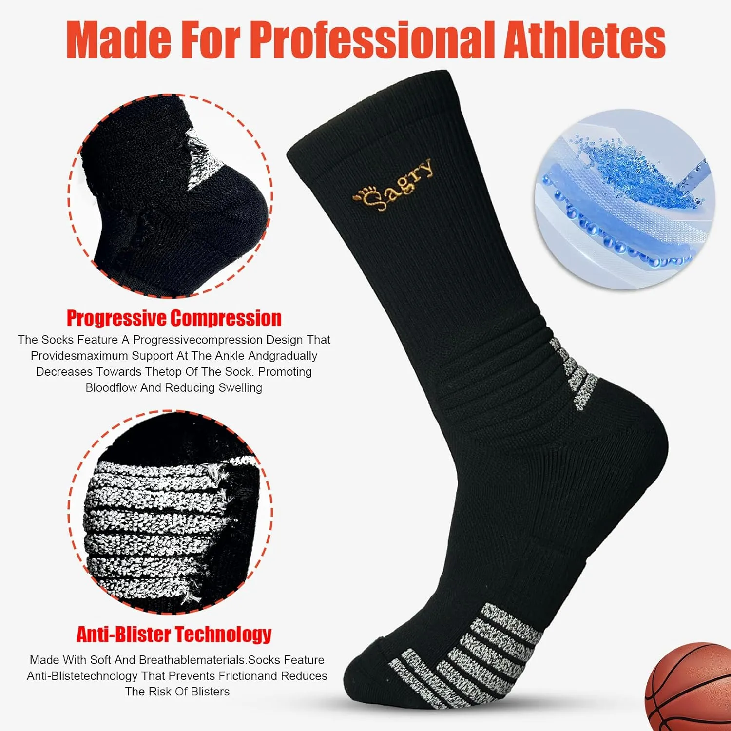 Elite Basketball Socks, Performance Cushioned Mid Calf Athletic Socks with Arch Compression for Football Hiking Running