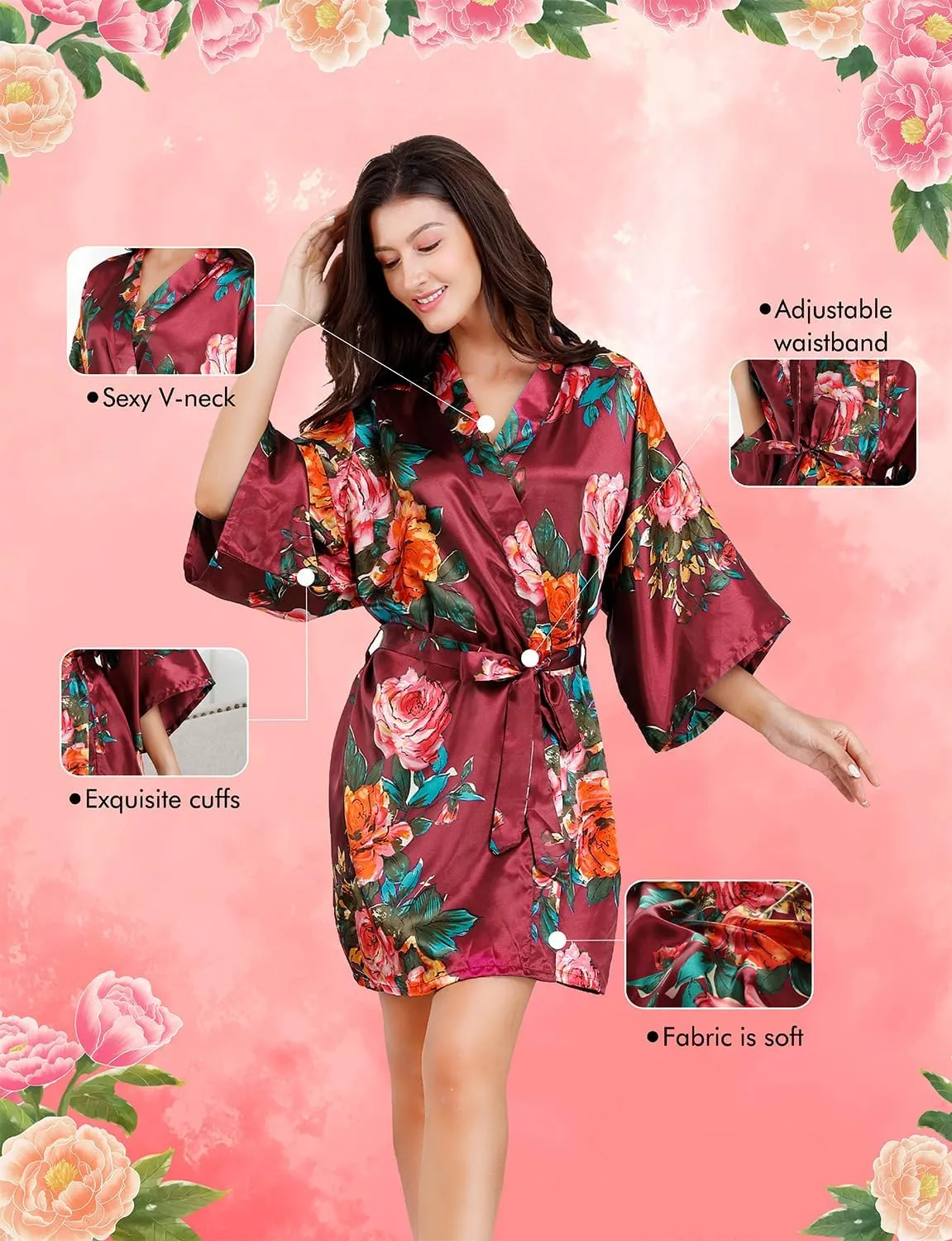 EPLAZA Women Floral Silky Satin Robe Wedding Bridal Party Bride Bridesmaid Robes Kimono Loungewear Dressing Gowns