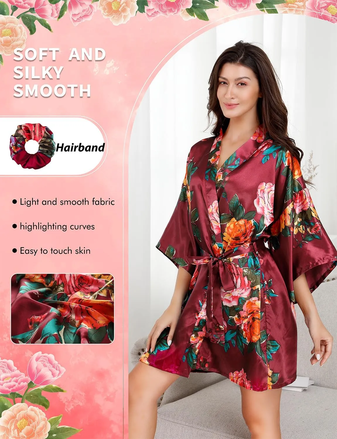 EPLAZA Women Floral Silky Satin Robe Wedding Bridal Party Bride Bridesmaid Robes Kimono Loungewear Dressing Gowns