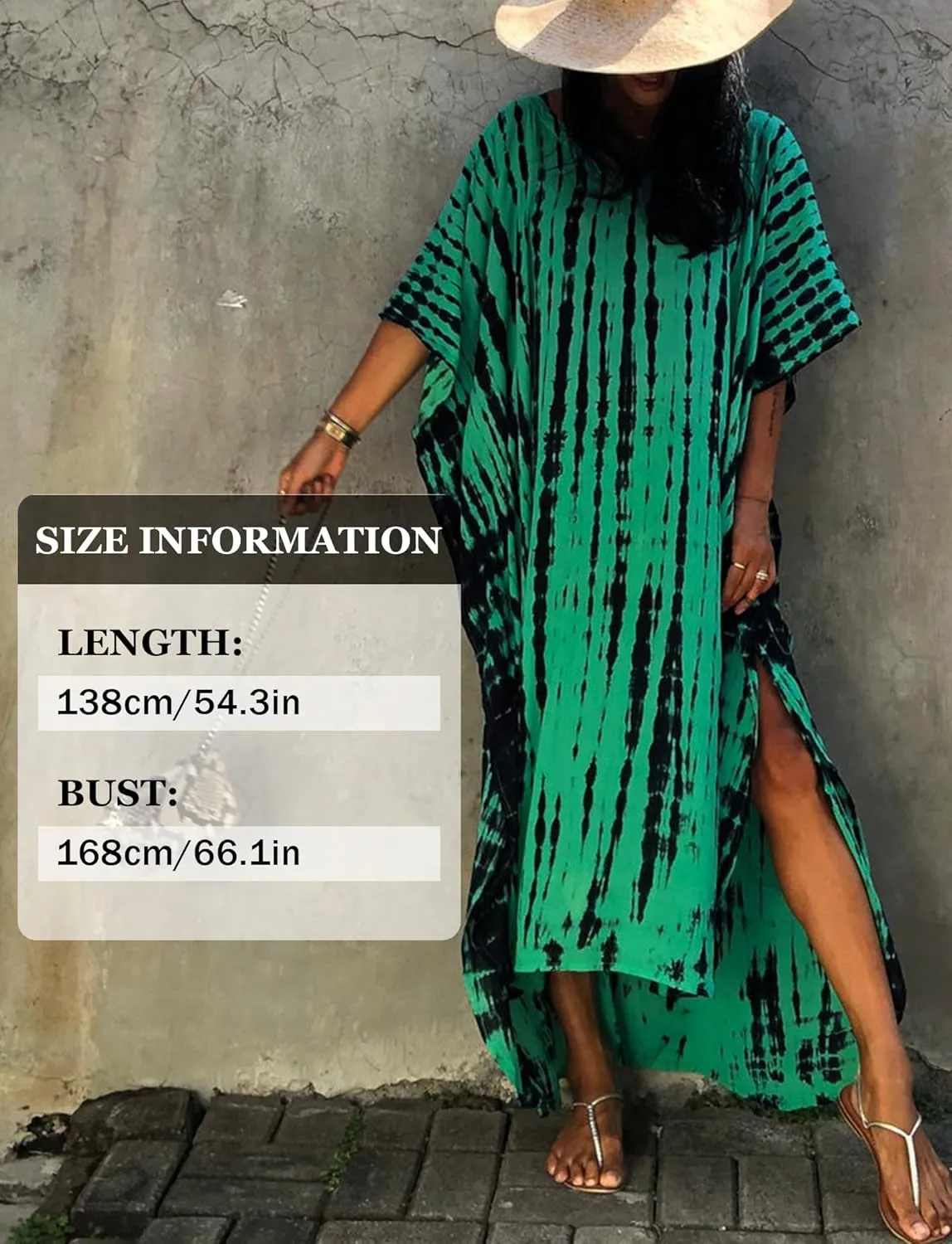 FEOYA Women's Bohemian Swim Cover Ups Printed V-Neck Pullover Kaftan Dress Swimsuit with Slit