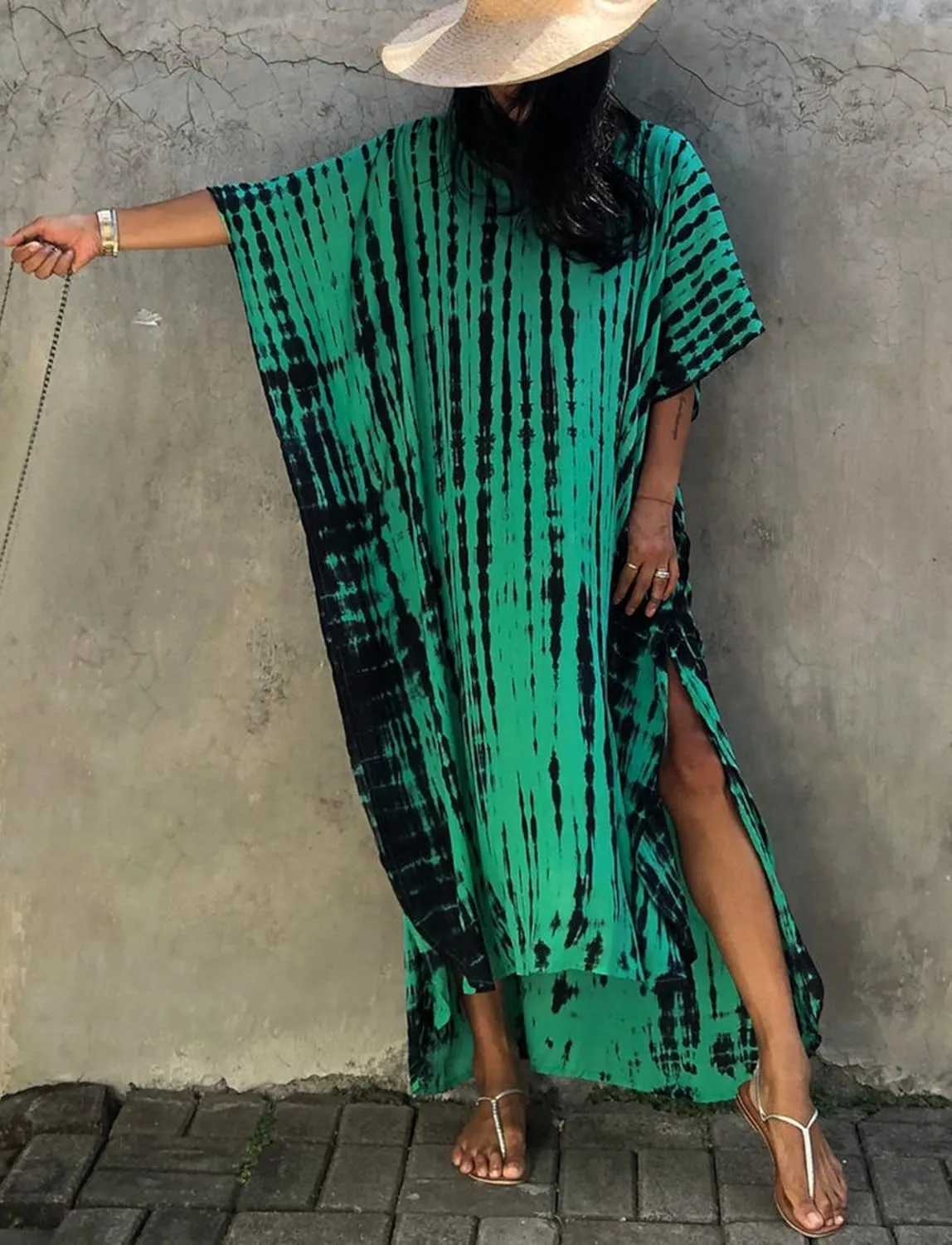 FEOYA Women's Bohemian Swim Cover Ups Printed V-Neck Pullover Kaftan Dress Swimsuit with Slit