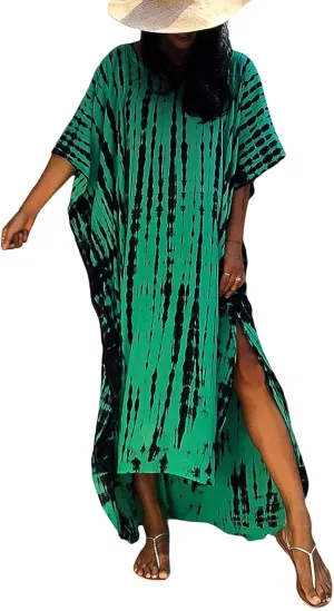 FEOYA Women's Bohemian Swim Cover Ups Printed V-Neck Pullover Kaftan Dress Swimsuit with Slit