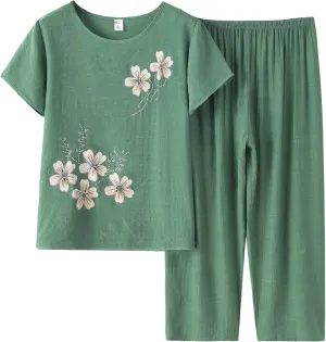 FindThy Womens 2 Piece Linen Outfits Short Sleeve Floral Print Lounge Sets Crewneck Summer Suits