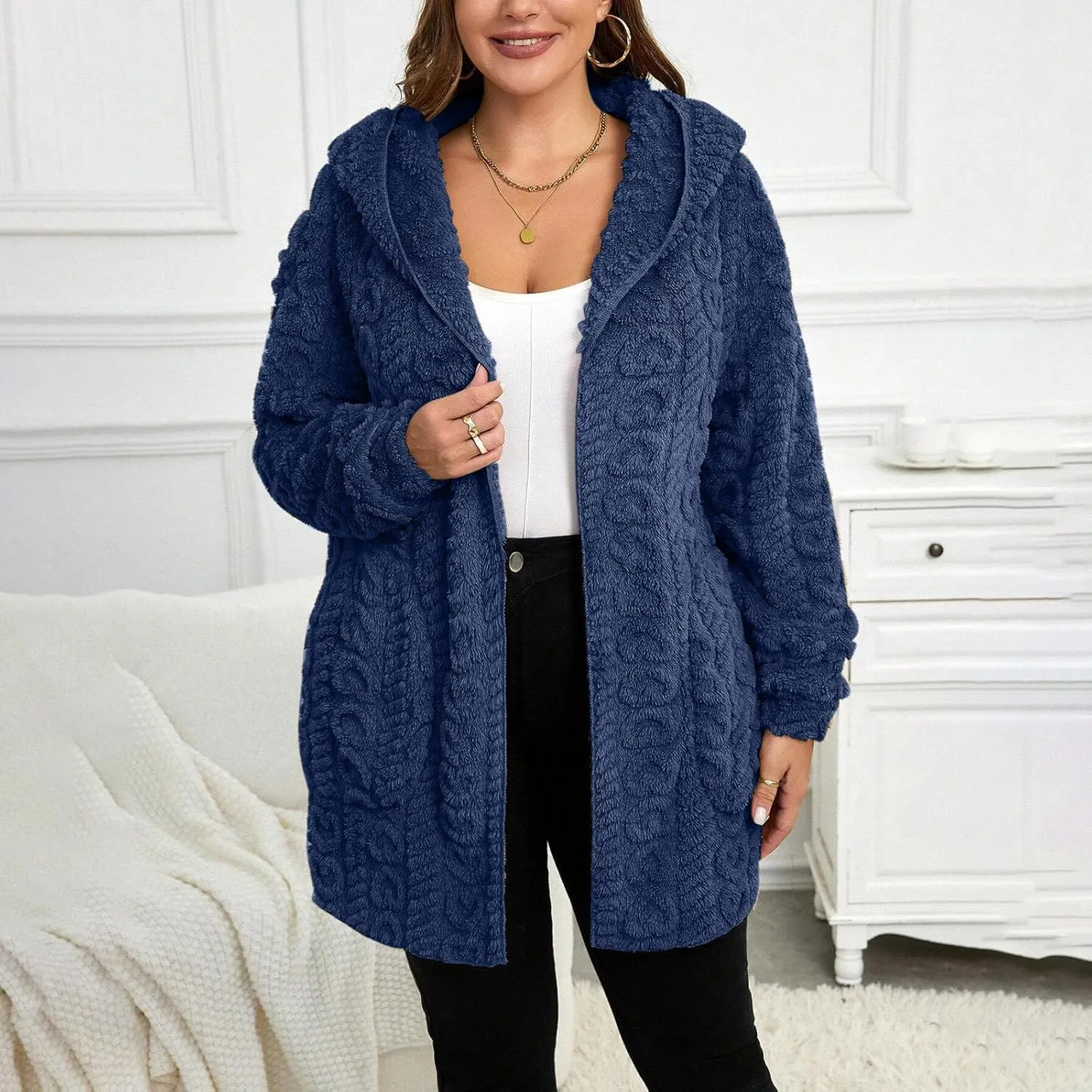 Fleece Lined Sweater Jacket Women Fluffy Sweater Coat Open Front Cardigan Jacket Winter Hooded Coats Warm Outerwear
