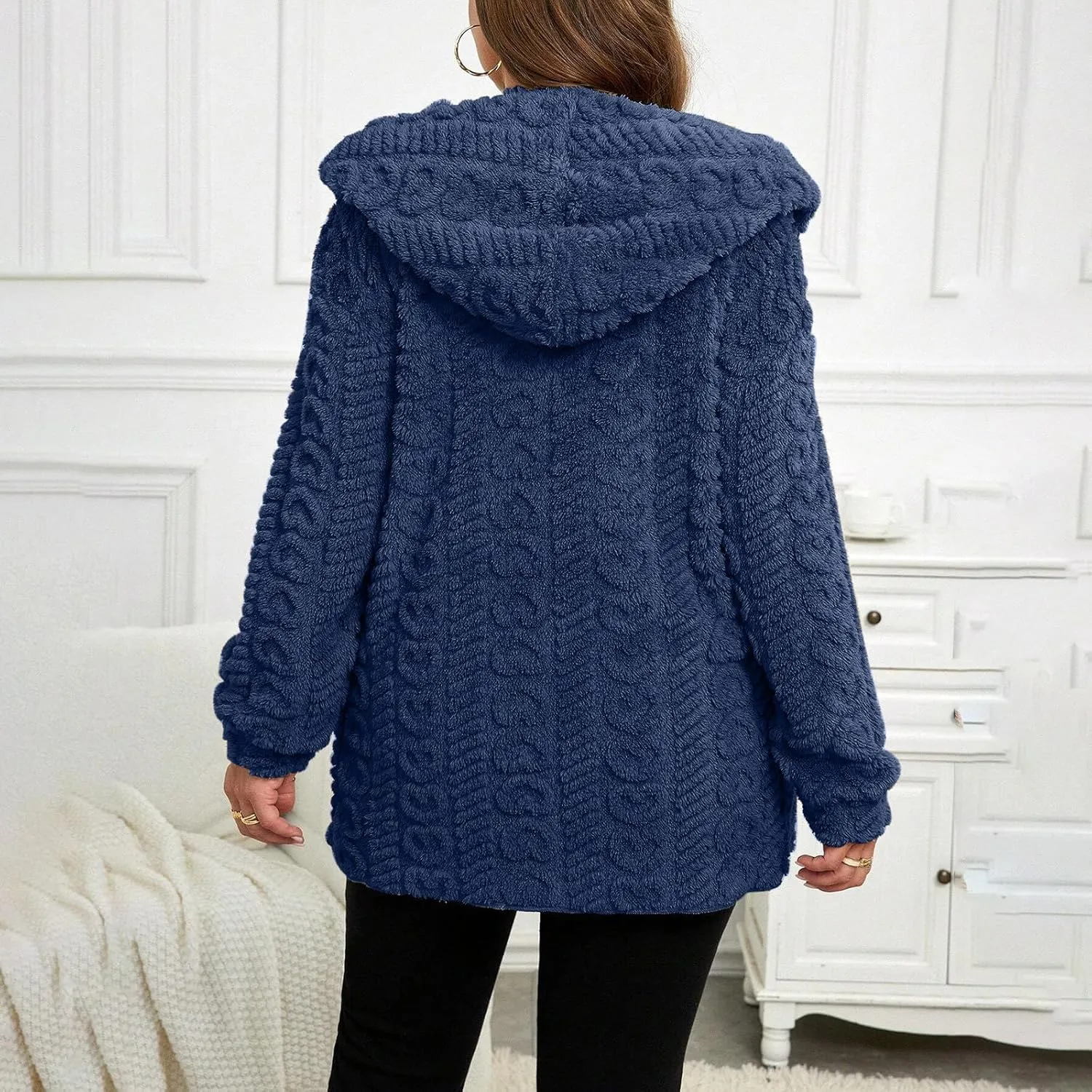 Fleece Lined Sweater Jacket Women Fluffy Sweater Coat Open Front Cardigan Jacket Winter Hooded Coats Warm Outerwear