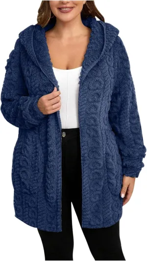 Fleece Lined Sweater Jacket Women Fluffy Sweater Coat Open Front Cardigan Jacket Winter Hooded Coats Warm Outerwear