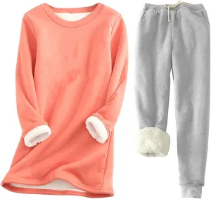 Fleece Pajamas for Women 2 Piece Winter Loungewear Sets Sherpa Lined Sweatshirt and Thicken Joggers Warm Pajama Sets