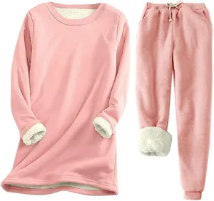Fleece Pajamas Set for Women Winter Warm Pajamas 2 Piece Outfits Soft Comfy Fleece Pjs Pullover Pant Plush Loungewear