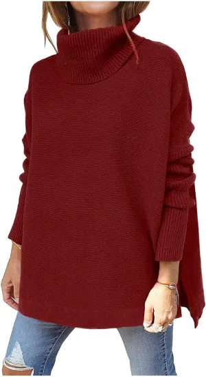 FMCHICO Women's Sweater Turtle Neck Chunky Knit Pullover Sweaters Casual Long Sleeve Tops with Side Slit