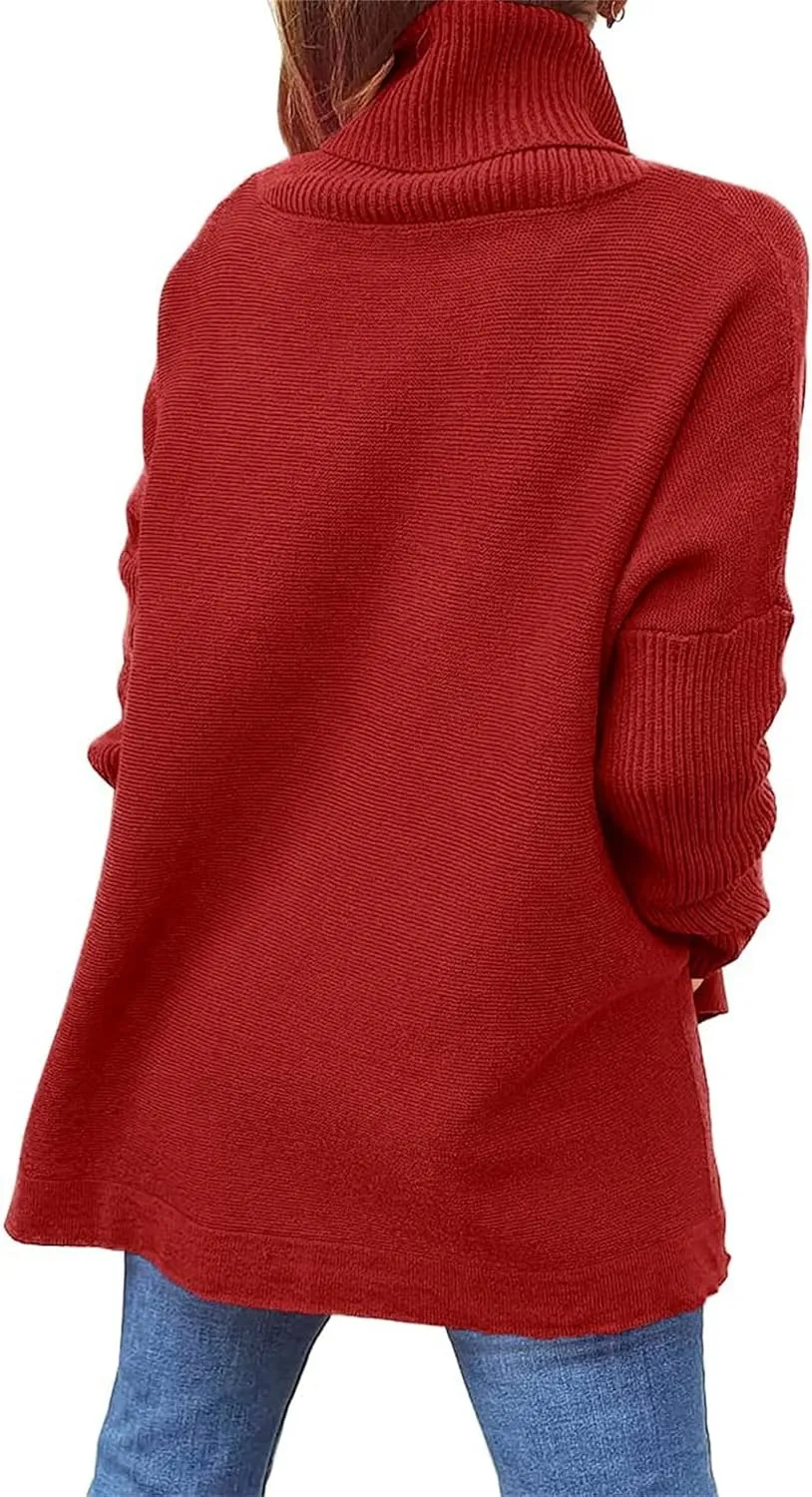 FMCHICO Women's Sweater Turtle Neck Chunky Knit Pullover Sweaters Casual Long Sleeve Tops with Side Slit