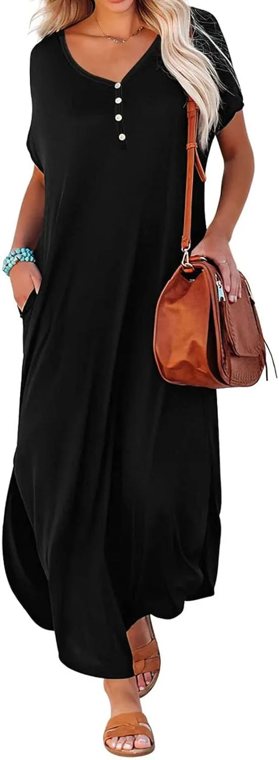 FZYLQY Women's Summer T Shirt Dresses, Loose V Neck Sundress for Women 2024 Casual Dresses Button Tshirt Dress with Pockets