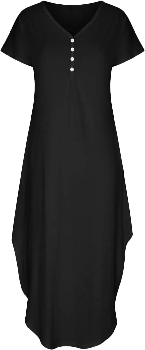 FZYLQY Women's Summer T Shirt Dresses, Loose V Neck Sundress for Women 2024 Casual Dresses Button Tshirt Dress with Pockets