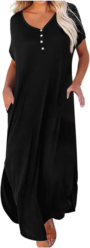 FZYLQY Women's Summer T Shirt Dresses, Loose V Neck Sundress for Women 2024 Casual Dresses Button Tshirt Dress with Pockets
