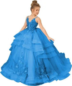 Girl’s Layered Pageant Dresses Floral Flower Girl Dresses Tulle Princess First Communion Dresses V Neck Prom Ball Gown