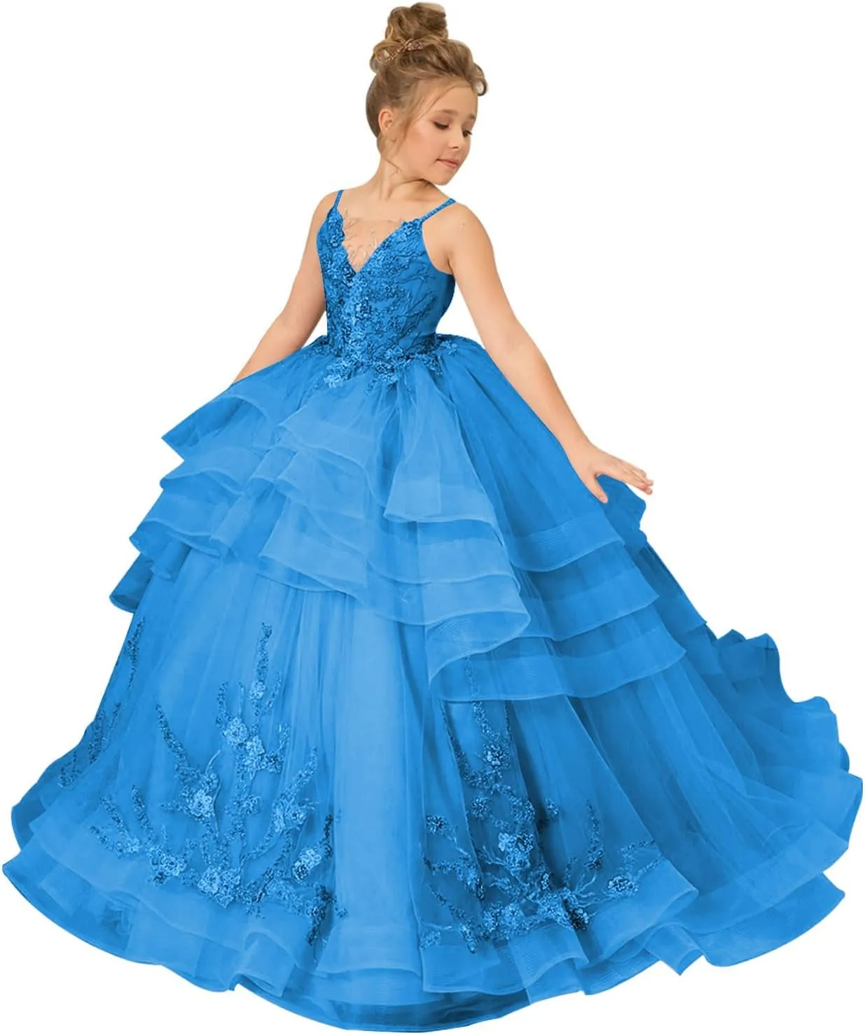 Girl’s Layered Pageant Dresses Floral Flower Girl Dresses Tulle Princess First Communion Dresses V Neck Prom Ball Gown