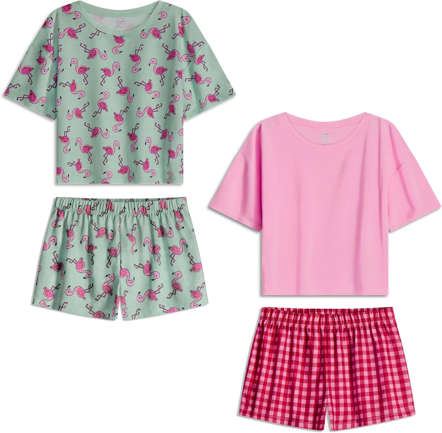 Girls Pajamas Sets- 4-Piece Cute Short Sleeve & Shorts PJ Set, Pink Girls’ Sleepwear, Kids Pajamas Sizes 5-16