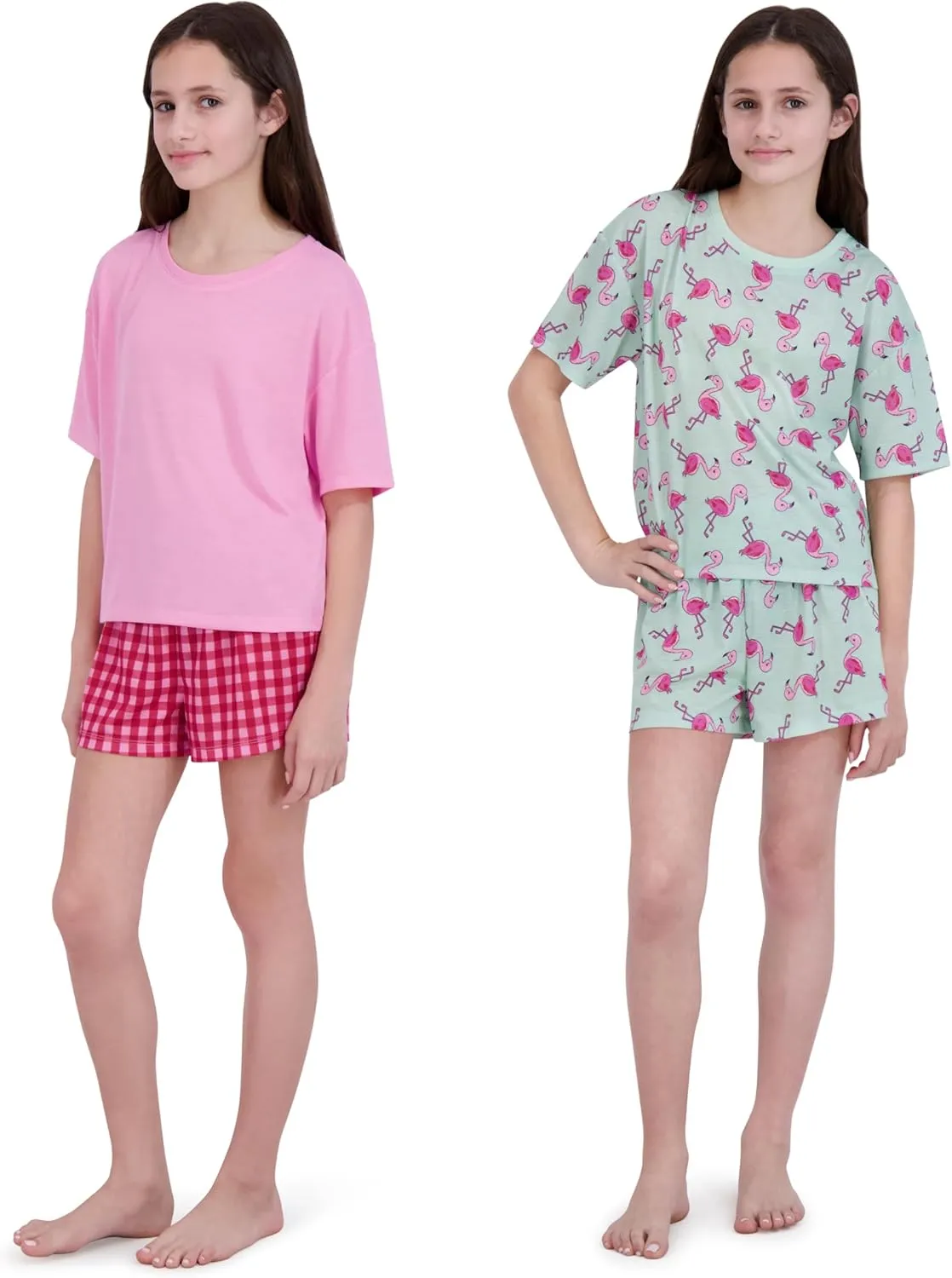 Girls Pajamas Sets- 4-Piece Cute Short Sleeve & Shorts PJ Set, Pink Girls’ Sleepwear, Kids Pajamas Sizes 5-16