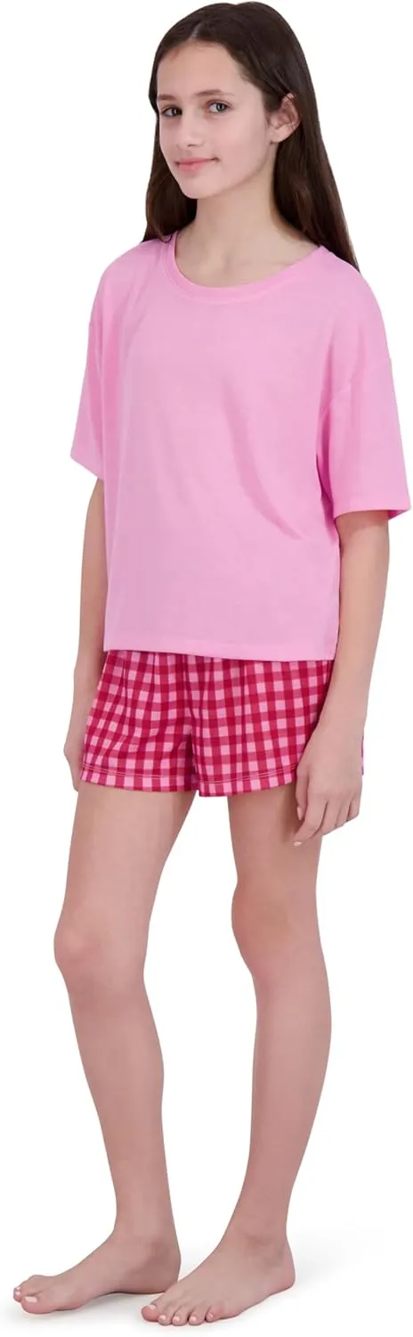 Girls Pajamas Sets- 4-Piece Cute Short Sleeve & Shorts PJ Set, Pink Girls’ Sleepwear, Kids Pajamas Sizes 5-16