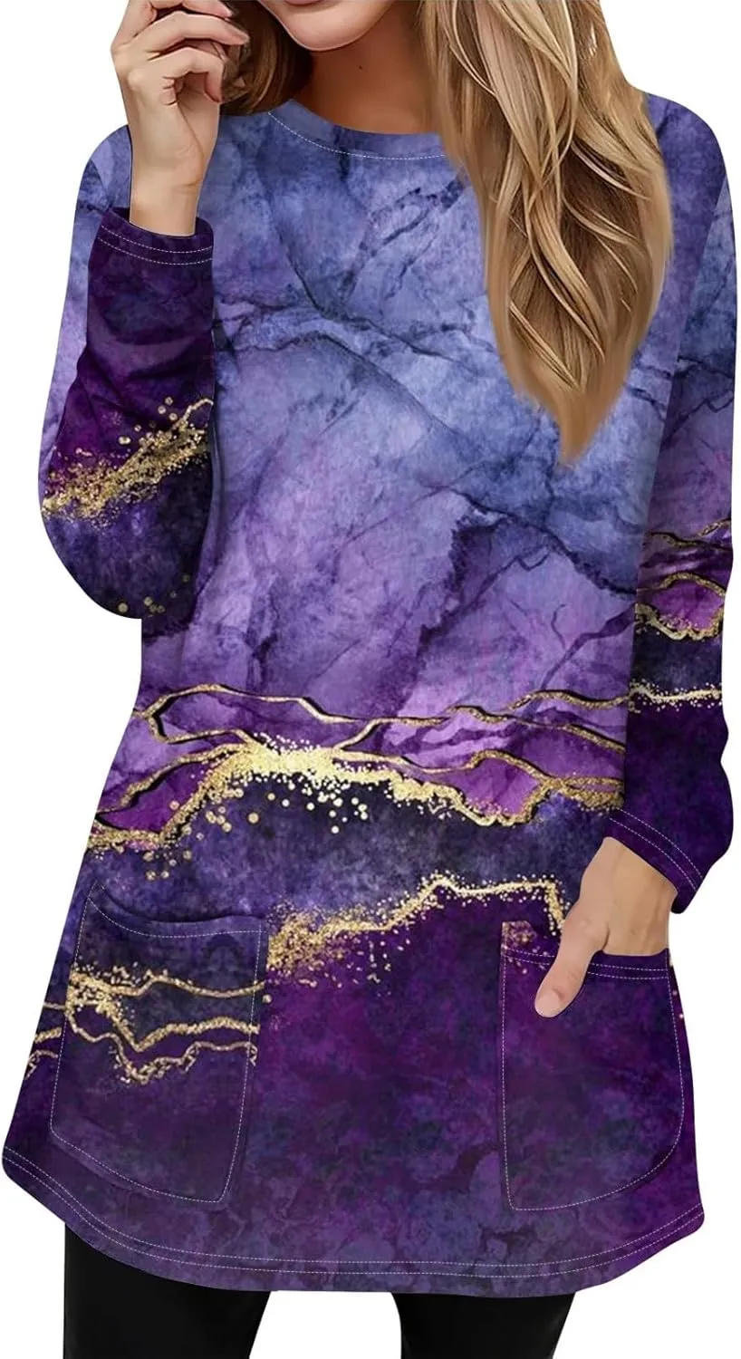 GOFULY Dress Blouses for Women Fall Tunic Tops Loose Fit Trendy Tshirt Long Sleeve Tops Winter Crewneck Outfits with Pockets