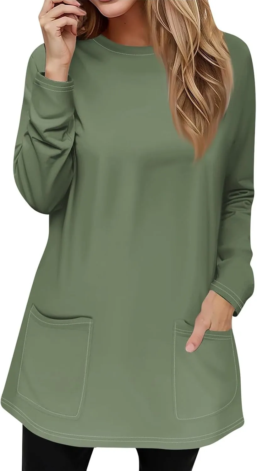 GOFULY Womens Dressy Tunic Tops Long Sleeve Crewneck Work Shirts Fall Elegant Blouses Solid Casual Winter Outfit with Pockets