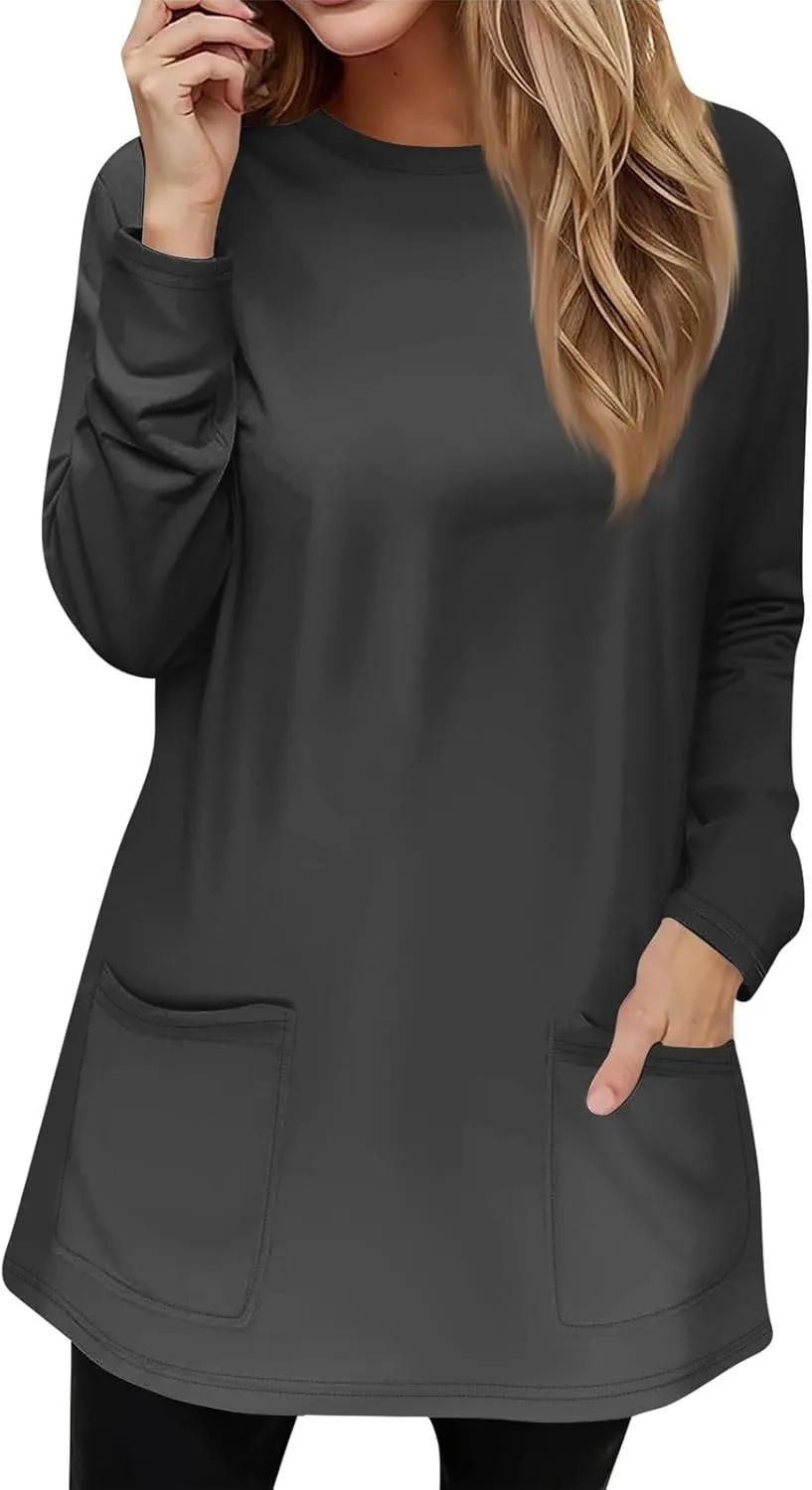 GOFULY Womens Dressy Tunic Tops Long Sleeve Crewneck Work Shirts Fall Elegant Blouses Solid Casual Winter Outfit with Pockets
