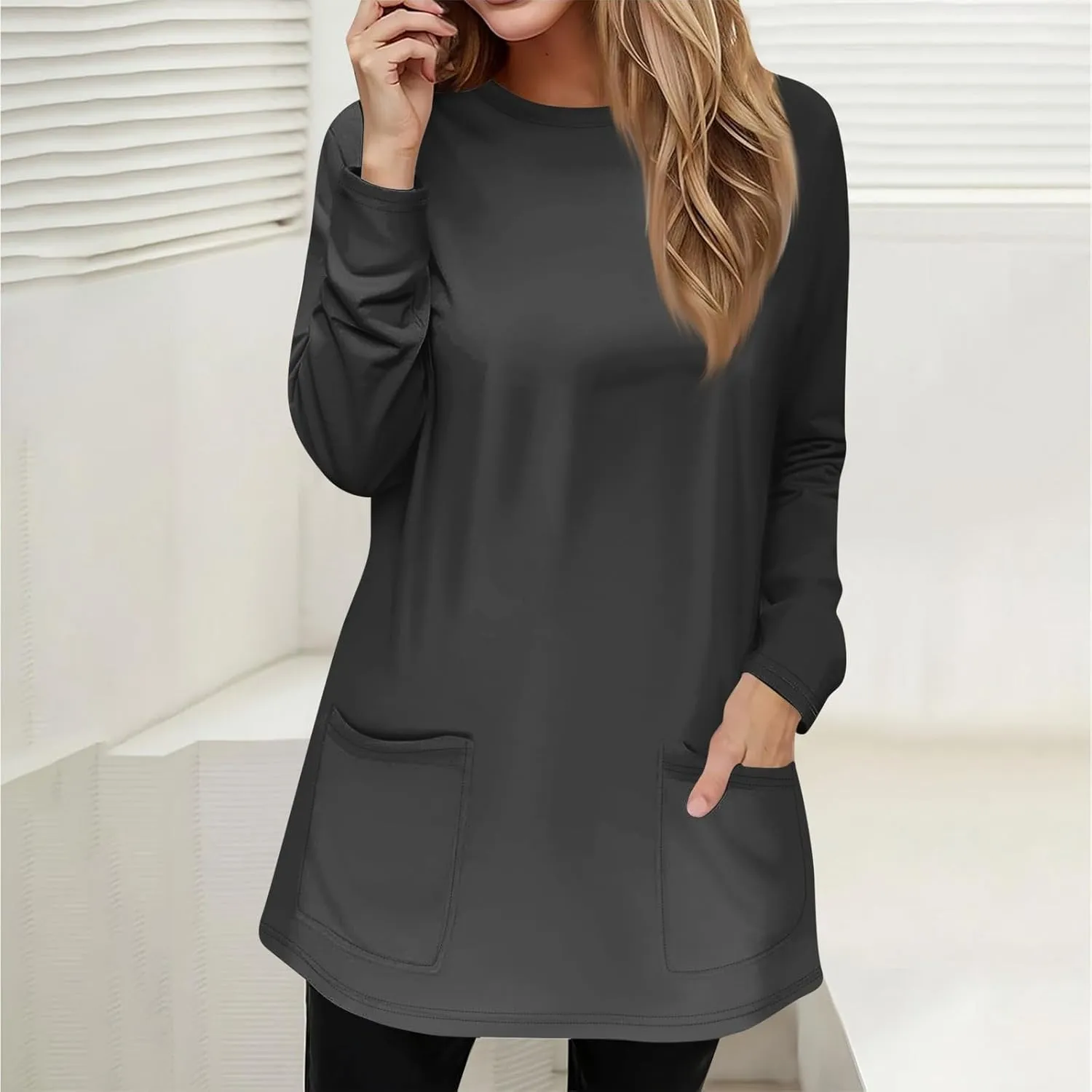 GOFULY Womens Dressy Tunic Tops Long Sleeve Crewneck Work Shirts Fall Elegant Blouses Solid Casual Winter Outfit with Pockets
