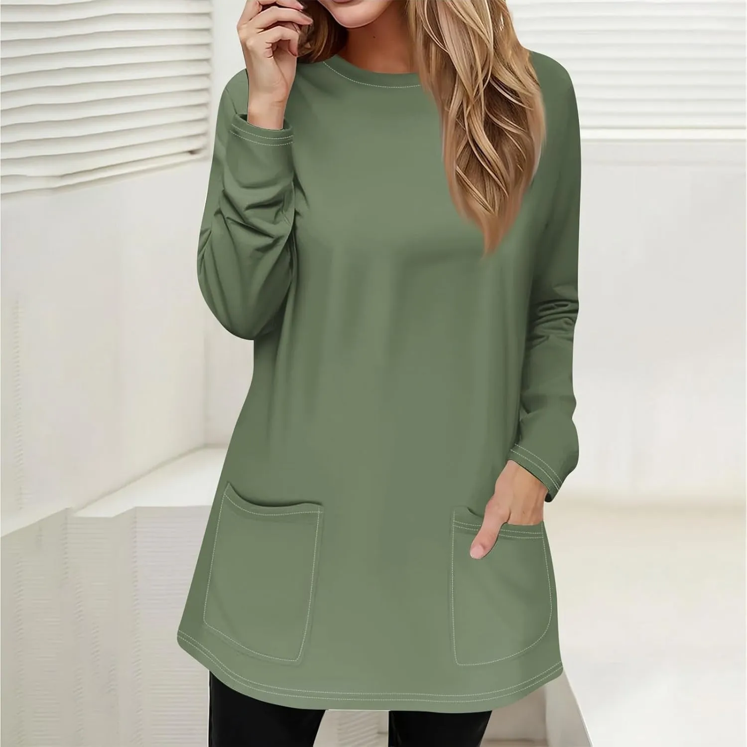 GOFULY Womens Dressy Tunic Tops Long Sleeve Crewneck Work Shirts Fall Elegant Blouses Solid Casual Winter Outfit with Pockets
