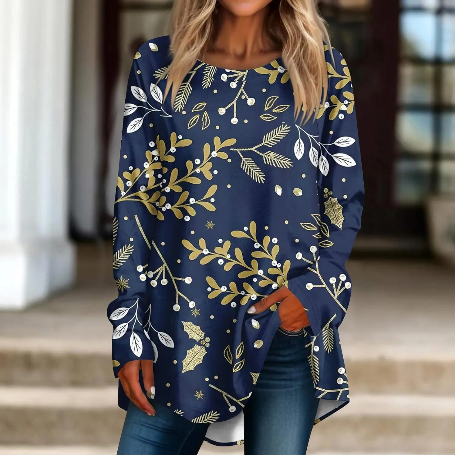 Going Out Tops For Women, Womens Loose Fit Long Sleeve Blouse Trendy Crewneck Tunics Or Tops To Wear With Leggings