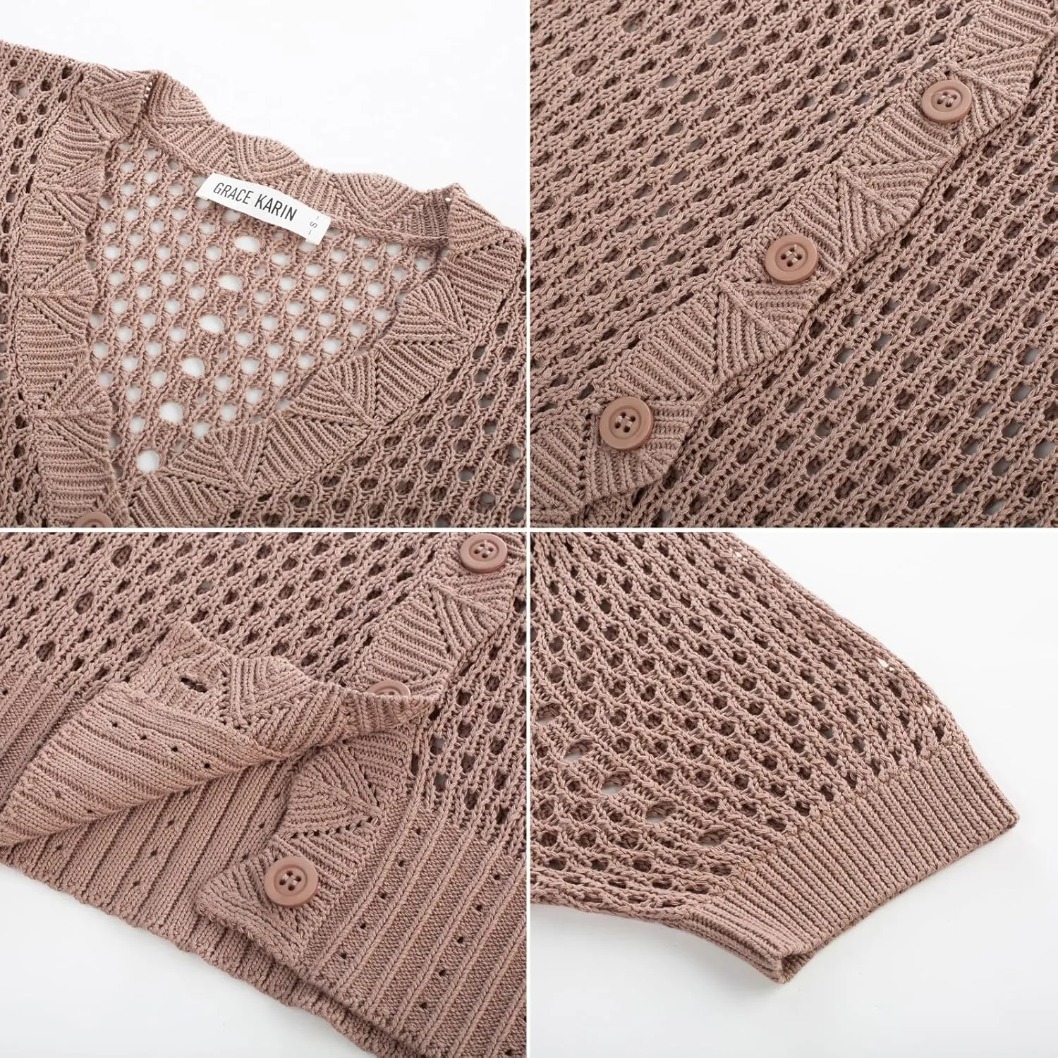 GRACE KARIN Womens 2025 Cardigan Sweaters Summer Short Sleeve Crochet Sweater V Neck Hollow Out Button Down Knit Bolero Tops