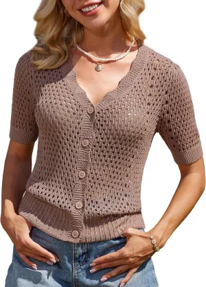 GRACE KARIN Womens 2025 Cardigan Sweaters Summer Short Sleeve Crochet Sweater V Neck Hollow Out Button Down Knit Bolero Tops