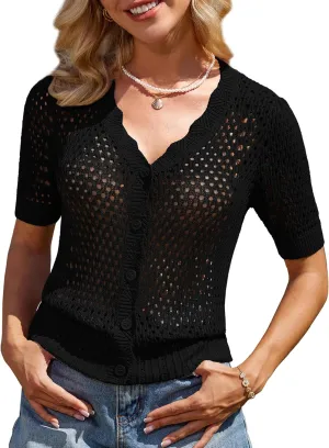 GRACE KARIN Womens 2025 Cardigan Sweaters Summer Short Sleeve Crochet Sweater V Neck Hollow Out Button Down Knit Bolero Tops