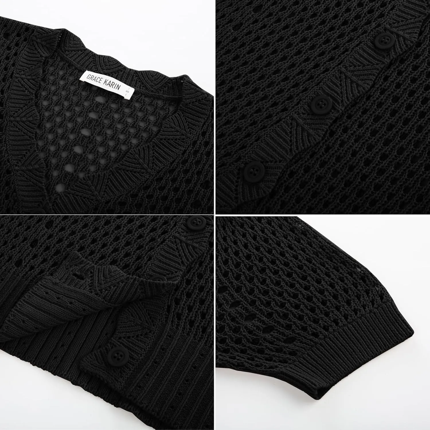GRACE KARIN Womens 2025 Cardigan Sweaters Summer Short Sleeve Crochet Sweater V Neck Hollow Out Button Down Knit Bolero Tops