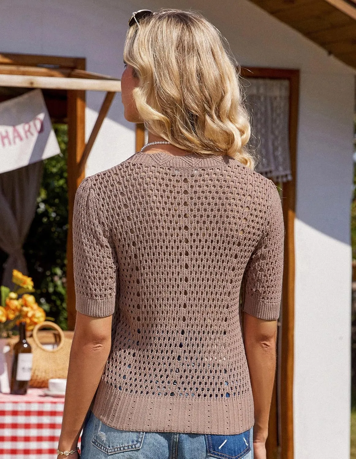 GRACE KARIN Womens 2025 Cardigan Sweaters Summer Short Sleeve Crochet Sweater V Neck Hollow Out Button Down Knit Bolero Tops