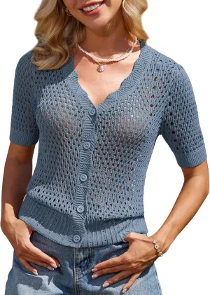 GRACE KARIN Womens 2025 Cardigan Sweaters Summer Short Sleeve Crochet Sweater V Neck Hollow Out Button Down Knit Bolero Tops