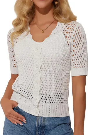 GRACE KARIN Womens 2025 Cardigan Sweaters Summer Short Sleeve Crochet Sweater V Neck Hollow Out Button Down Knit Bolero Tops